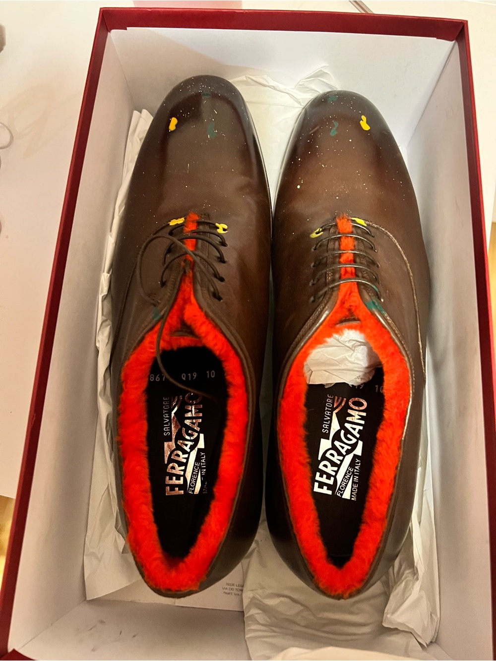 Salvatore Ferragamo Brown Leather Oxfords with Bright Red Shearling Trim